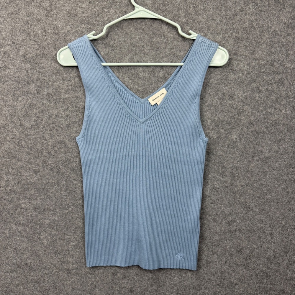 Calvin Klein Jeans Womens Ribbed V-Neck Tank‎ Top Faded Denim Blue Large NEW